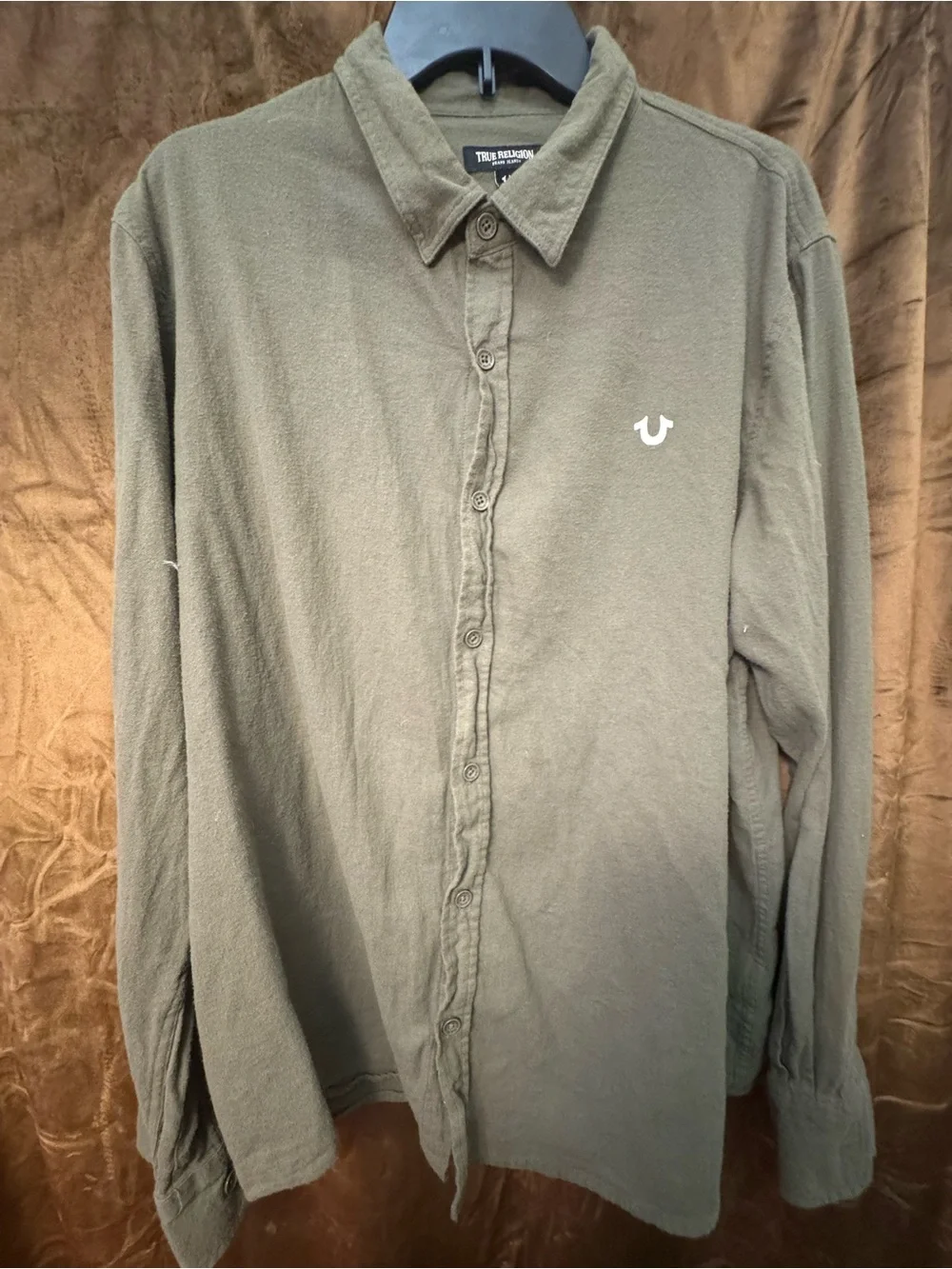 True Religion Men's Olive Green Logo Button up Shirt